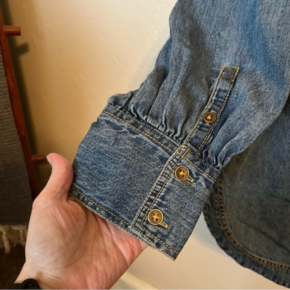 ANTHROPOLOGIE Pilcro Frill-Collar Denim Button Down Shirt Indigo Sz XS Oversized - Picture 7 of 12